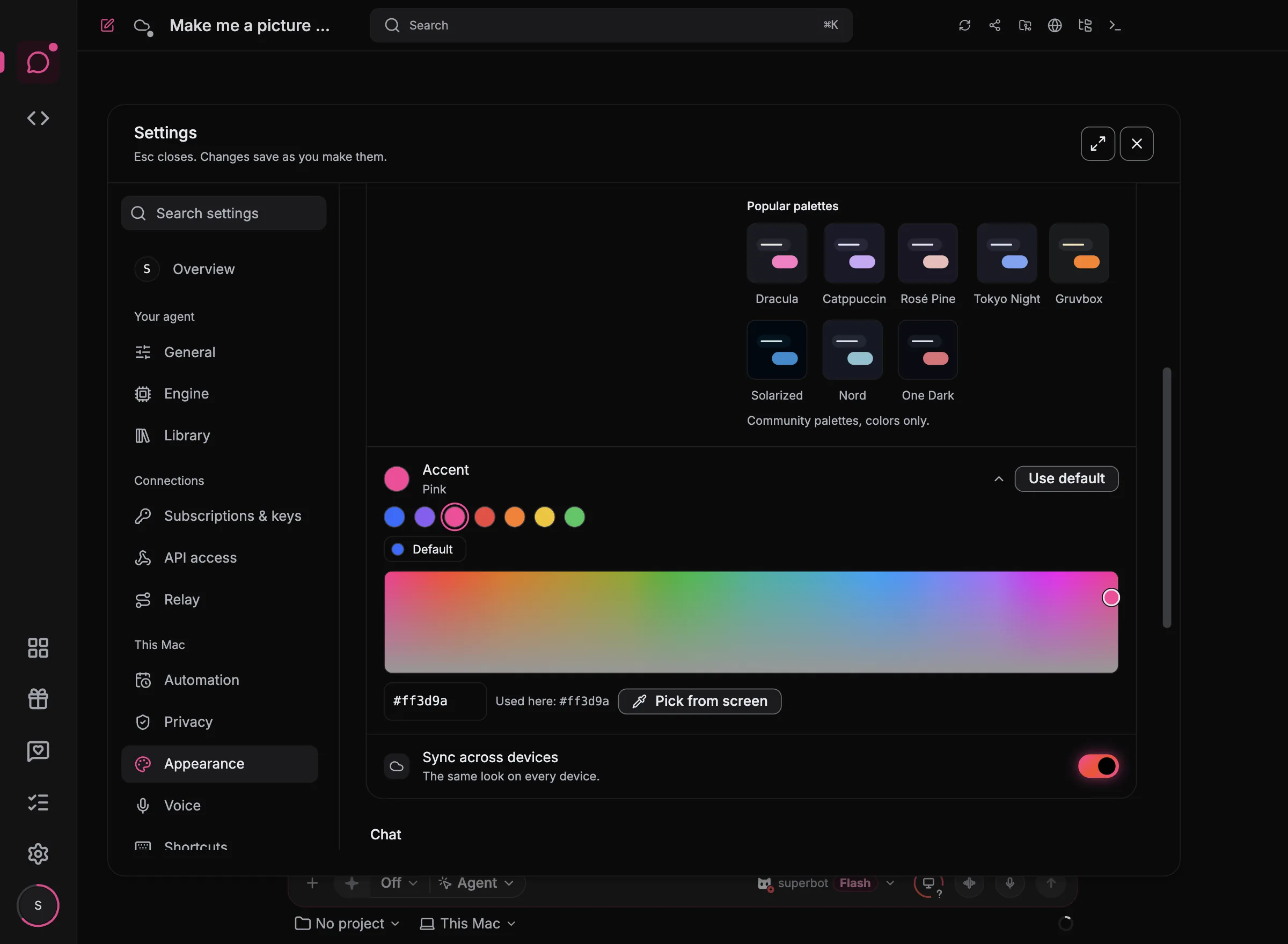 superbot appearance settings: the accent row open with seven colors and a color pad, the whole app in pink