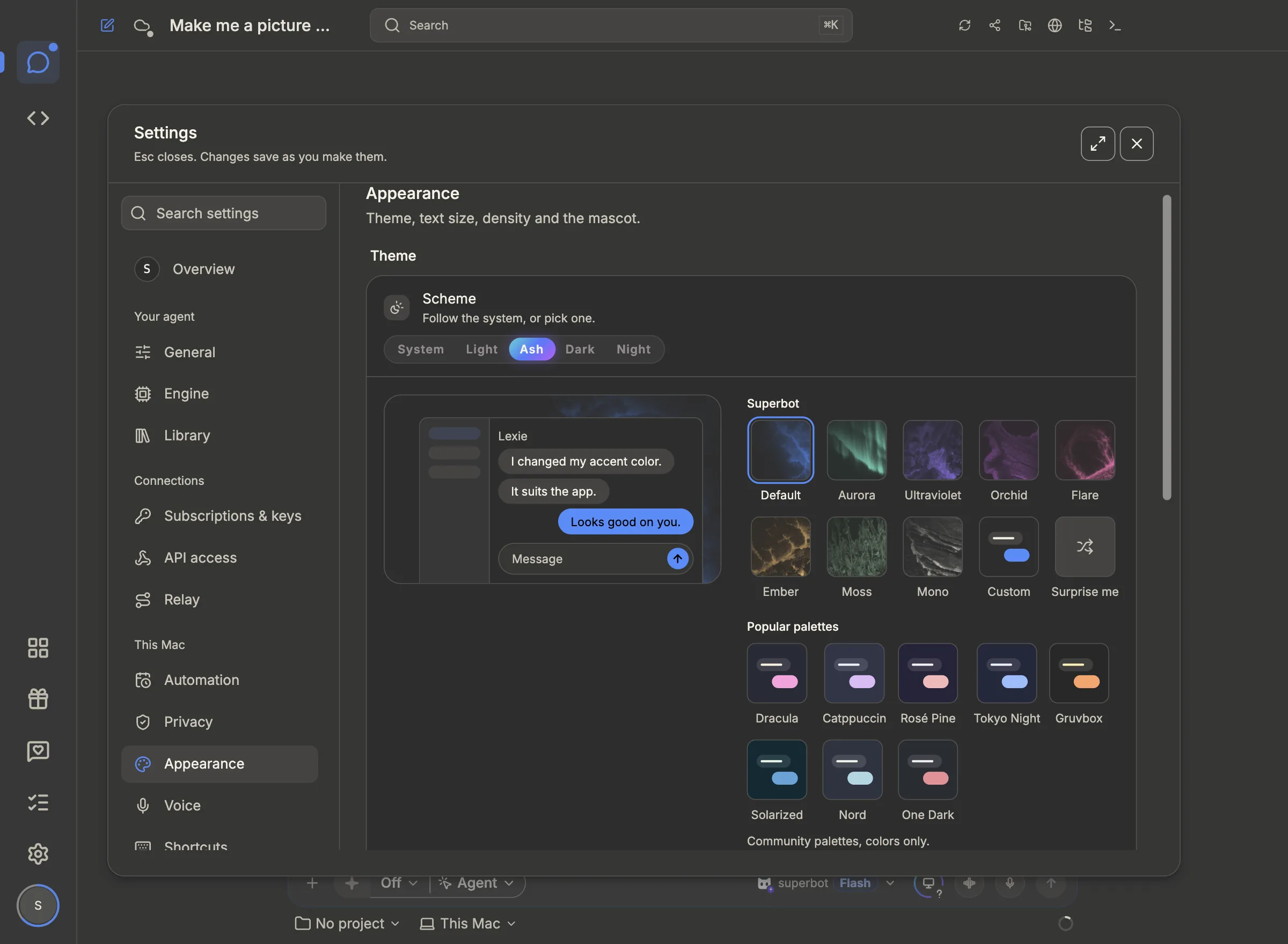 superbot appearance settings with the ash scheme picked: the whole app turns grey