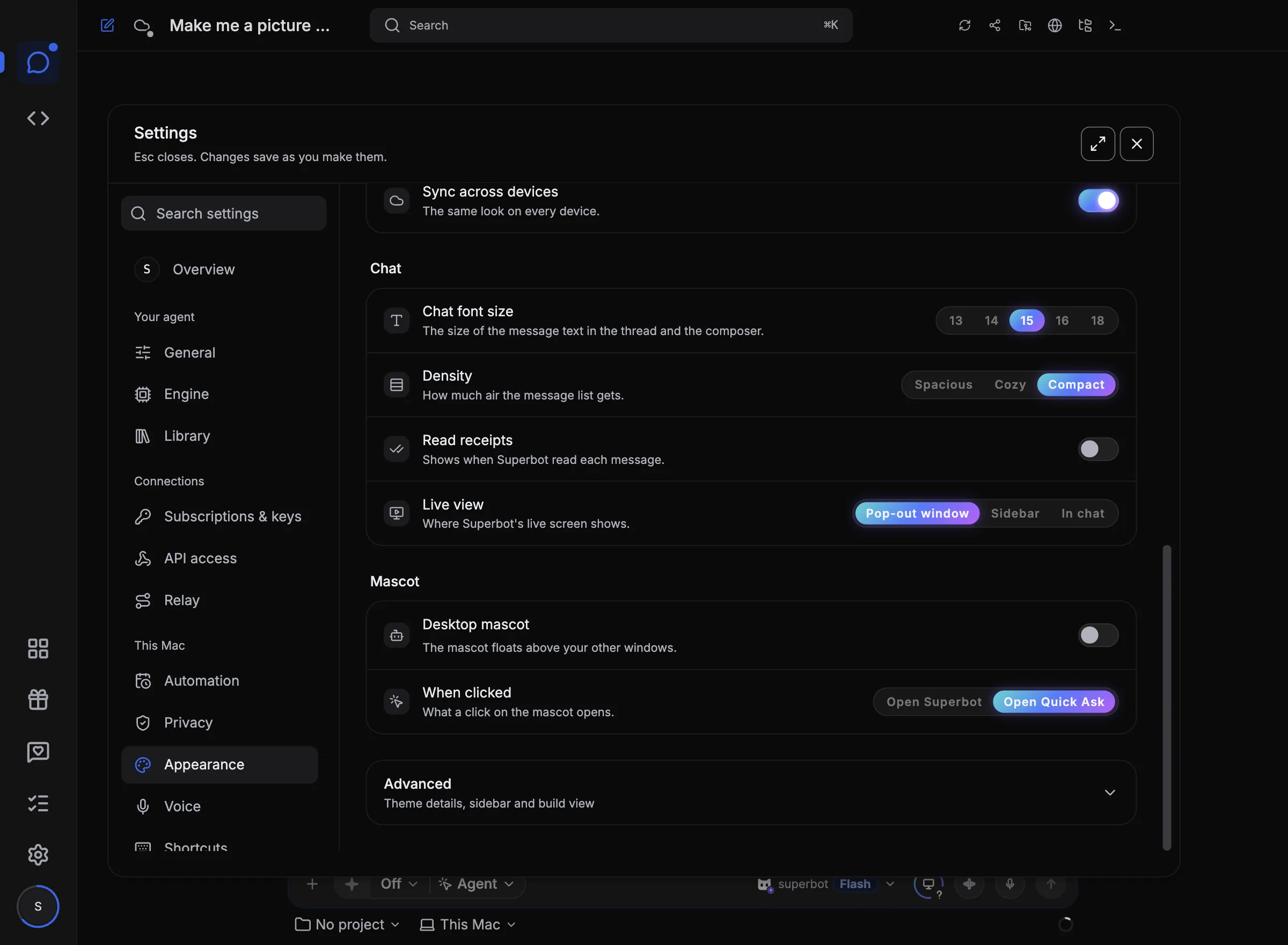 superbot appearance settings: chat font size and density