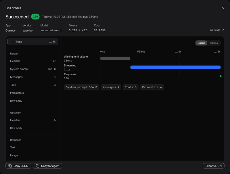 A call's details for a 200 call routed through Omni, compact: a Succeeded headline with the first byte time, the key facts with the Cosmos app and the superbot-omni model, and a trace waterfall of waiting, then streaming.