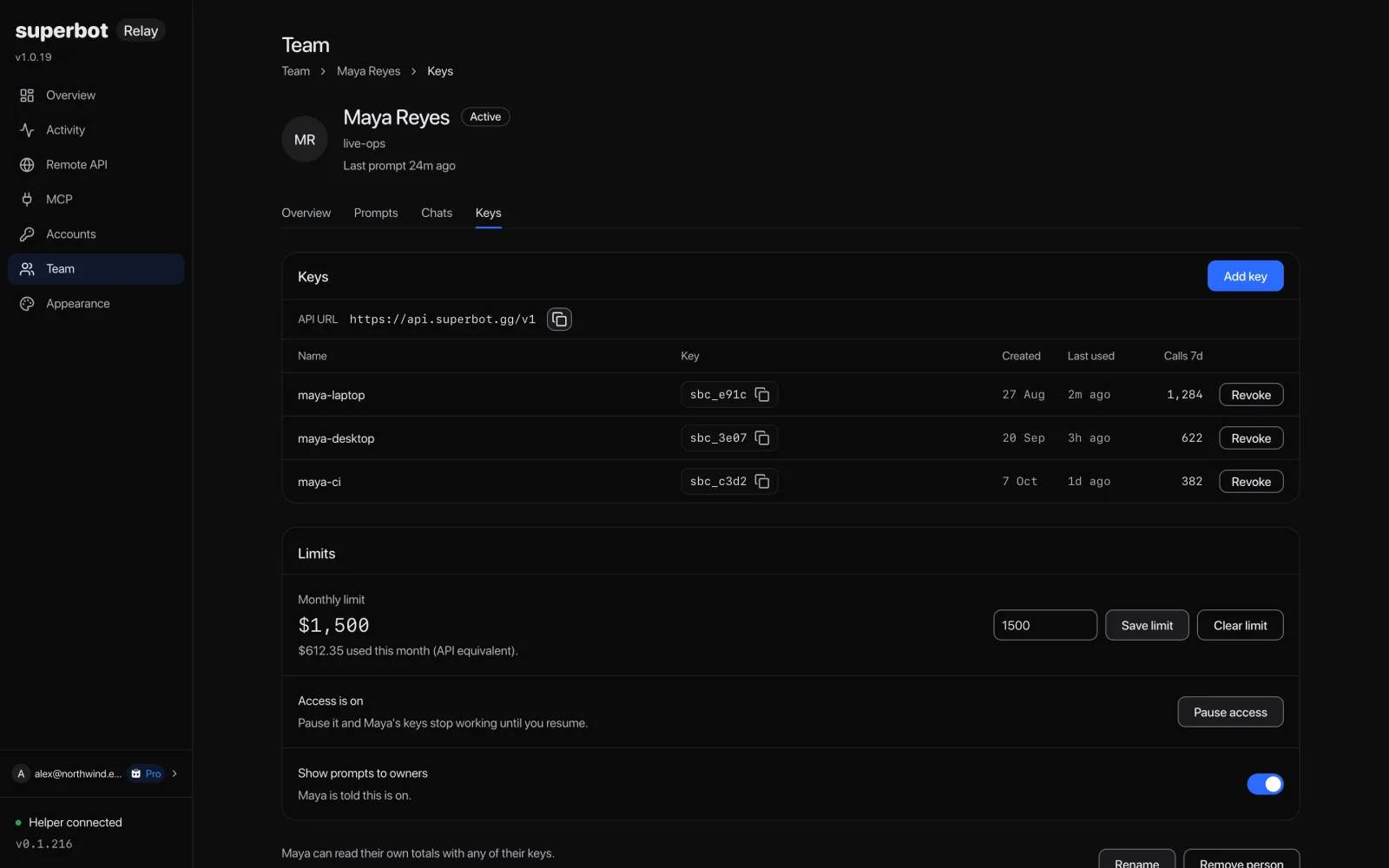 one person in the relay's team view: three keys, a $1,500 monthly limit, and a switch to pause access