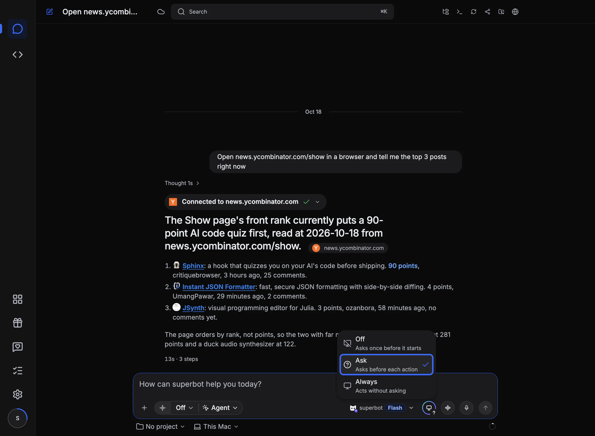 the superbot composer with its computer-use menu open: off, ask before each action, or always