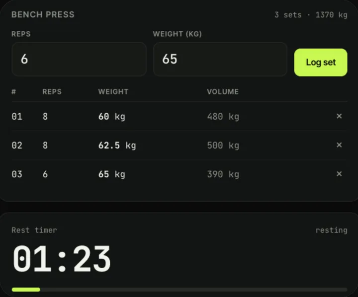 Superbot guest chat result: the generated workout tracker app in the preview pane with three bench press sets logged and its rest timer counting down
